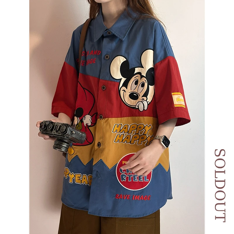 SOLDOUT原创夏季美式复古卡通刺绣短袖衬衫女宽松拼接撞色衬衣