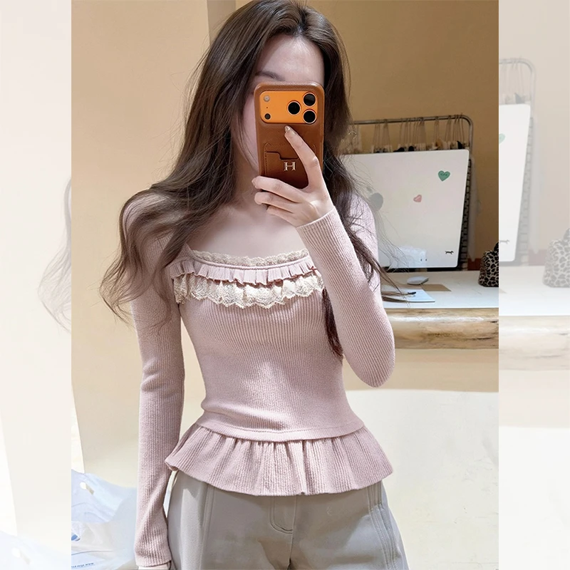 独特漂亮内搭粉色蕾丝小衫洋气高贵针织打底衫花边方领上衣女秋冬