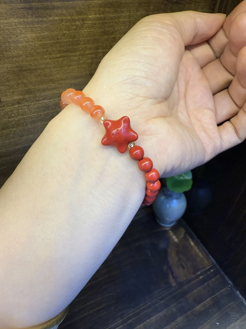 含辰砂工艺品朱砂小海星手串，搭配冰飘南红极美