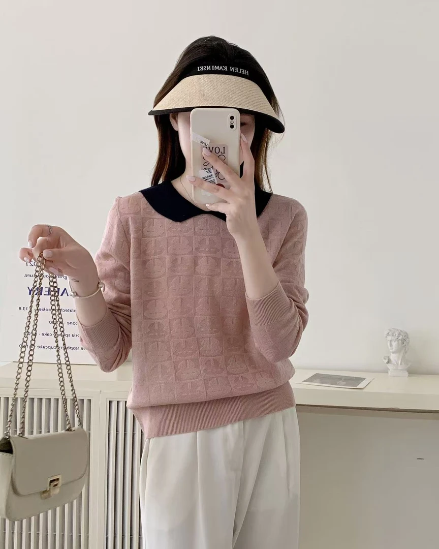 张金家百搭气质减龄女人味秋款上衣娃娃领提花羊毛JJ93