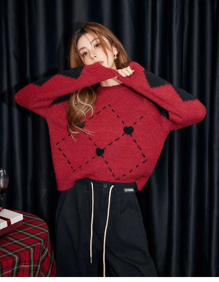 ICYNUDE星奢买手店红黑菱格毛衣拼色针织衫宽松上衣女时尚秋冬