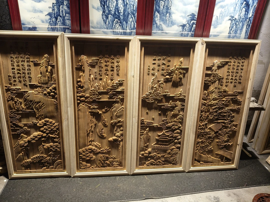 东阳木雕《唐诗山水画》挂屏高度1米宽度1米72