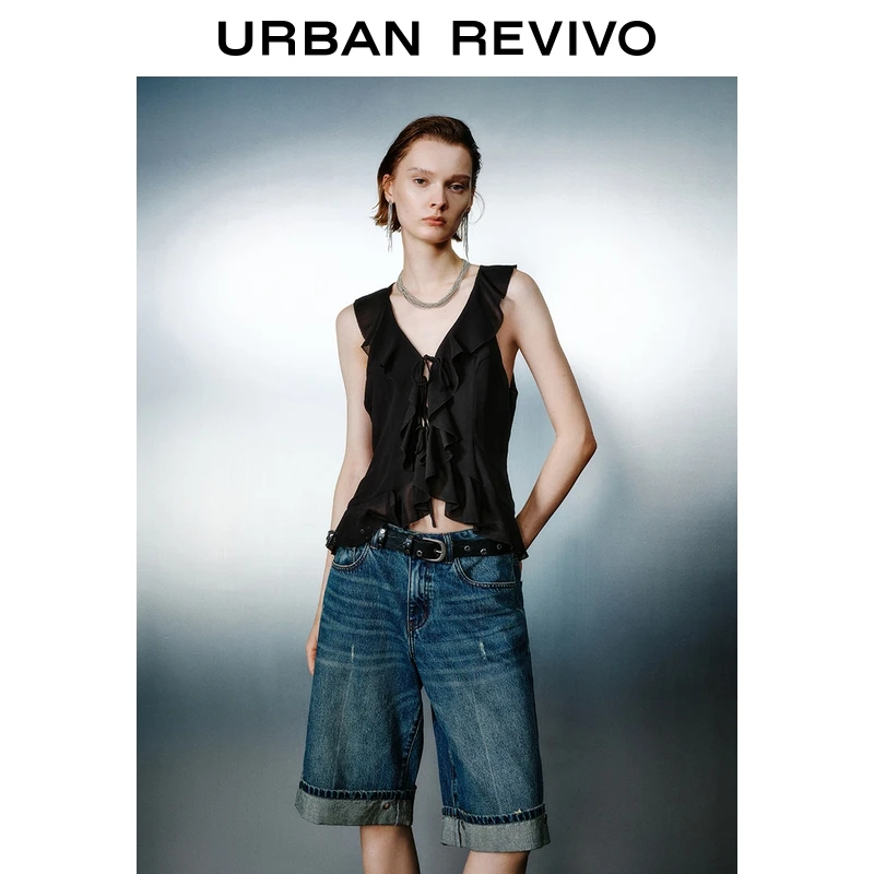 UR2025夏季新款女装气质荷叶边多系带无袖开襟衬衫UWJ250033