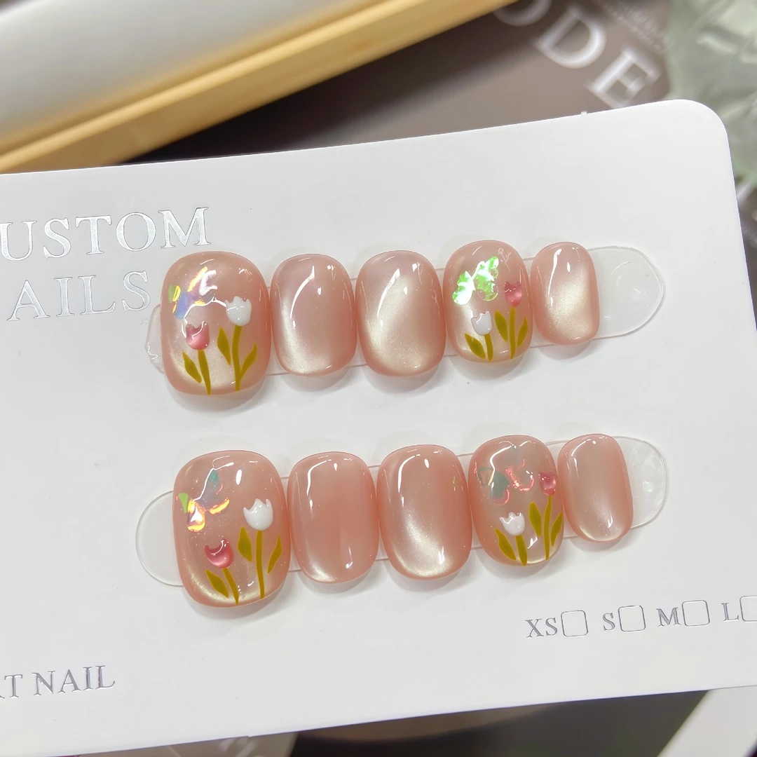 蝴蝶恋郁金香纯手绘手工穿戴甲春夏款光疗甲感显白