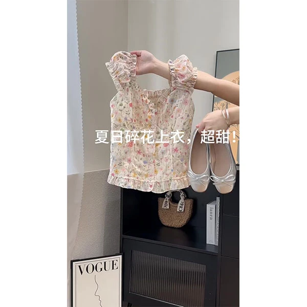 小清新花卉图案少女泡泡袖小衫女2025法式木耳边上衣