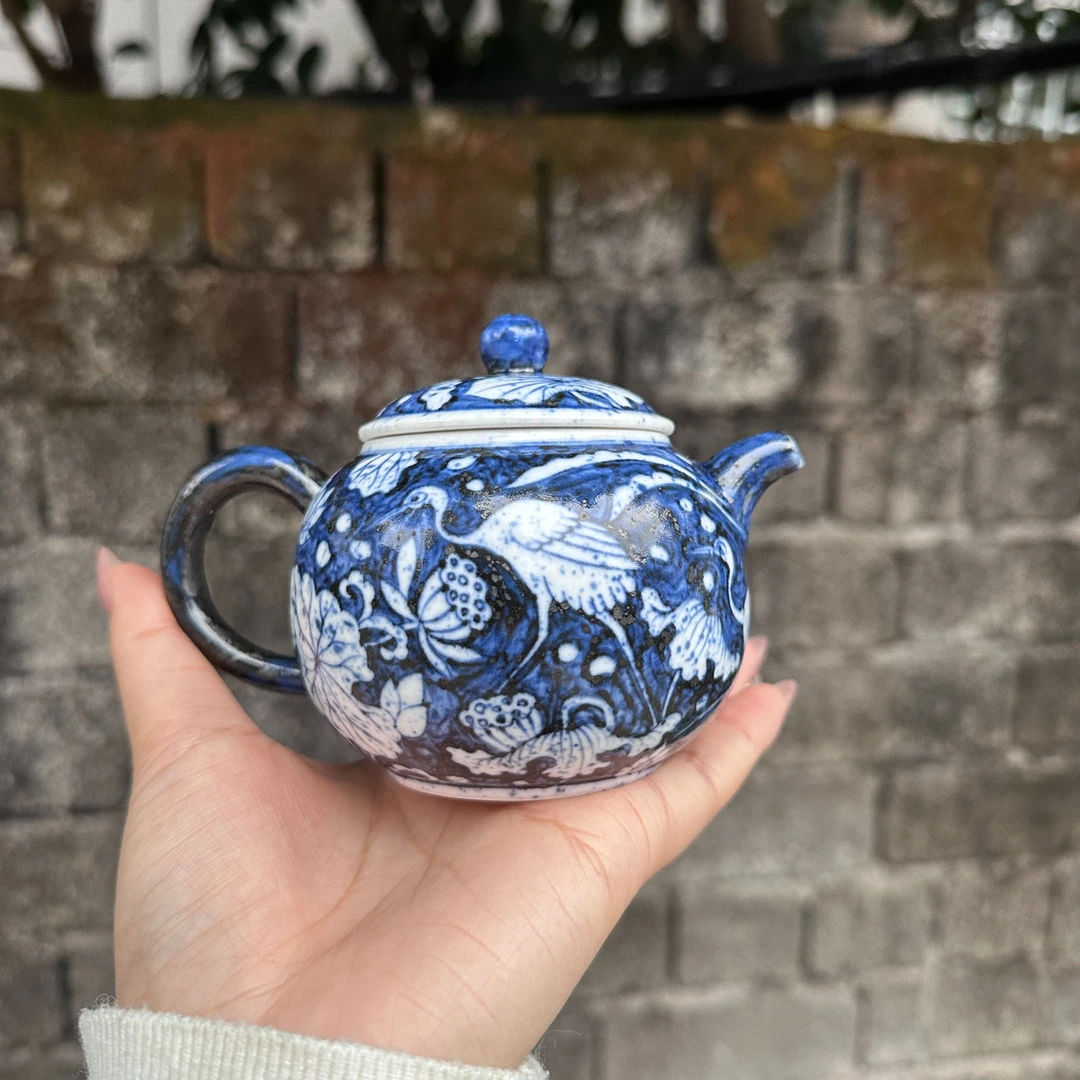 景德镇手工青花蓝色一鹭连科壶柴烧壶泡茶壶手把壶纯手工陶瓷茶具