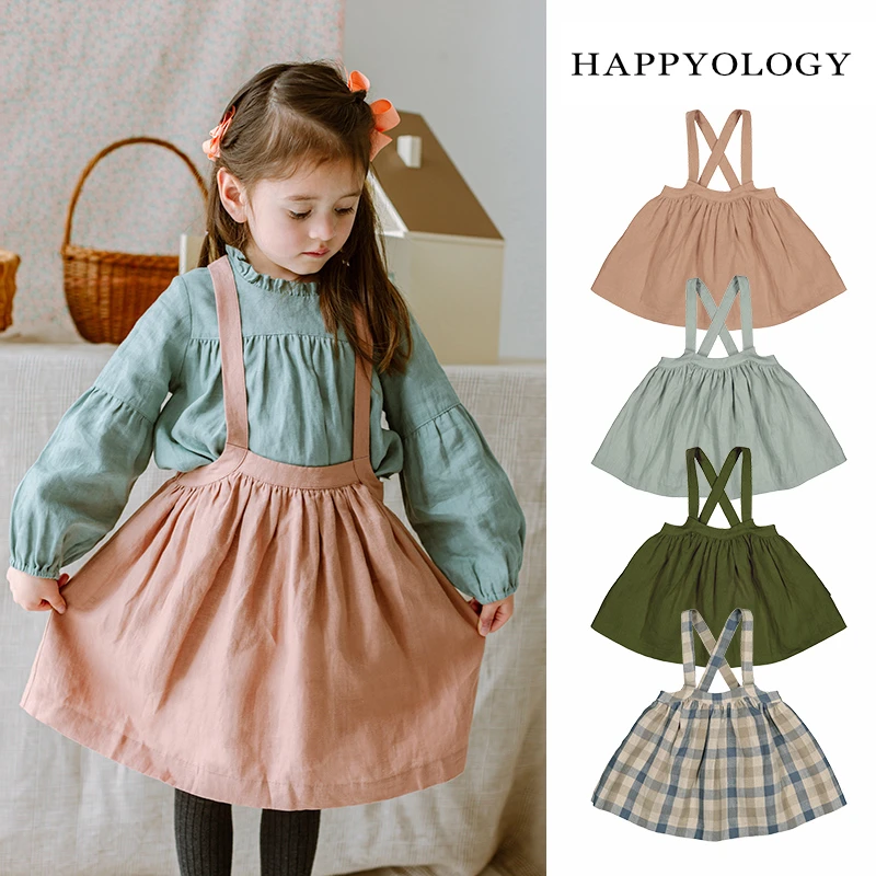 【HAPPYOLOGY】英国秋装大童装亚麻裙子背带裙儿童格纹女童短裙