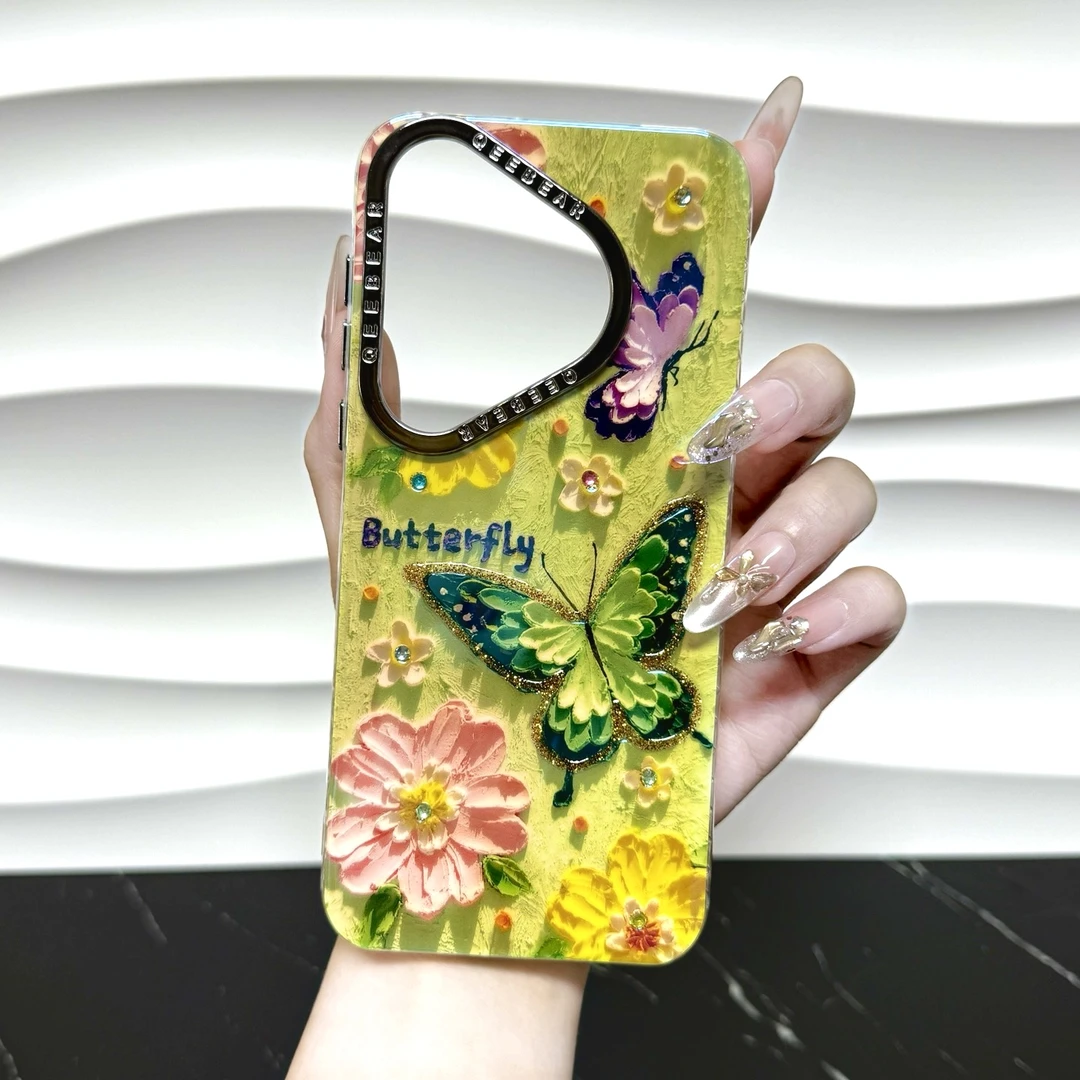轻奢高级立体滴胶花朵油画适用华为P70PRO手机壳MATE60金属黑镜框