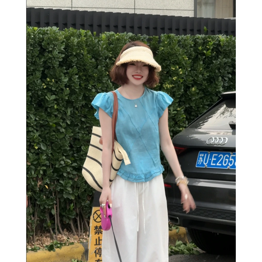 玳妮【甜美韩系】夏季新款韩系荷叶边飞飞袖麻料上衣时尚休闲气质款