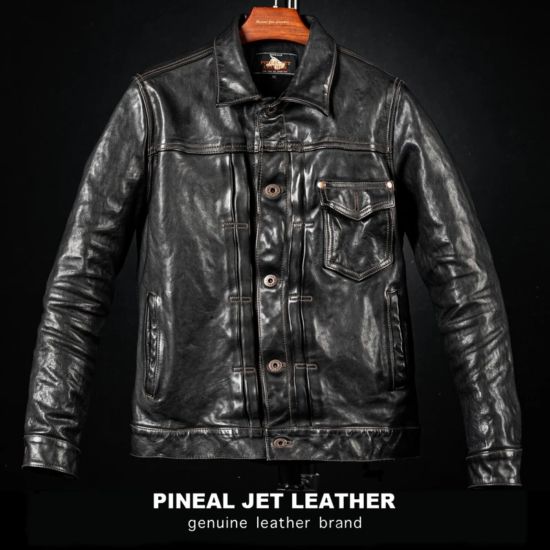 PJL新款男士工装牛仔复古经典牛皮506阿美咔叽牛皮夹克