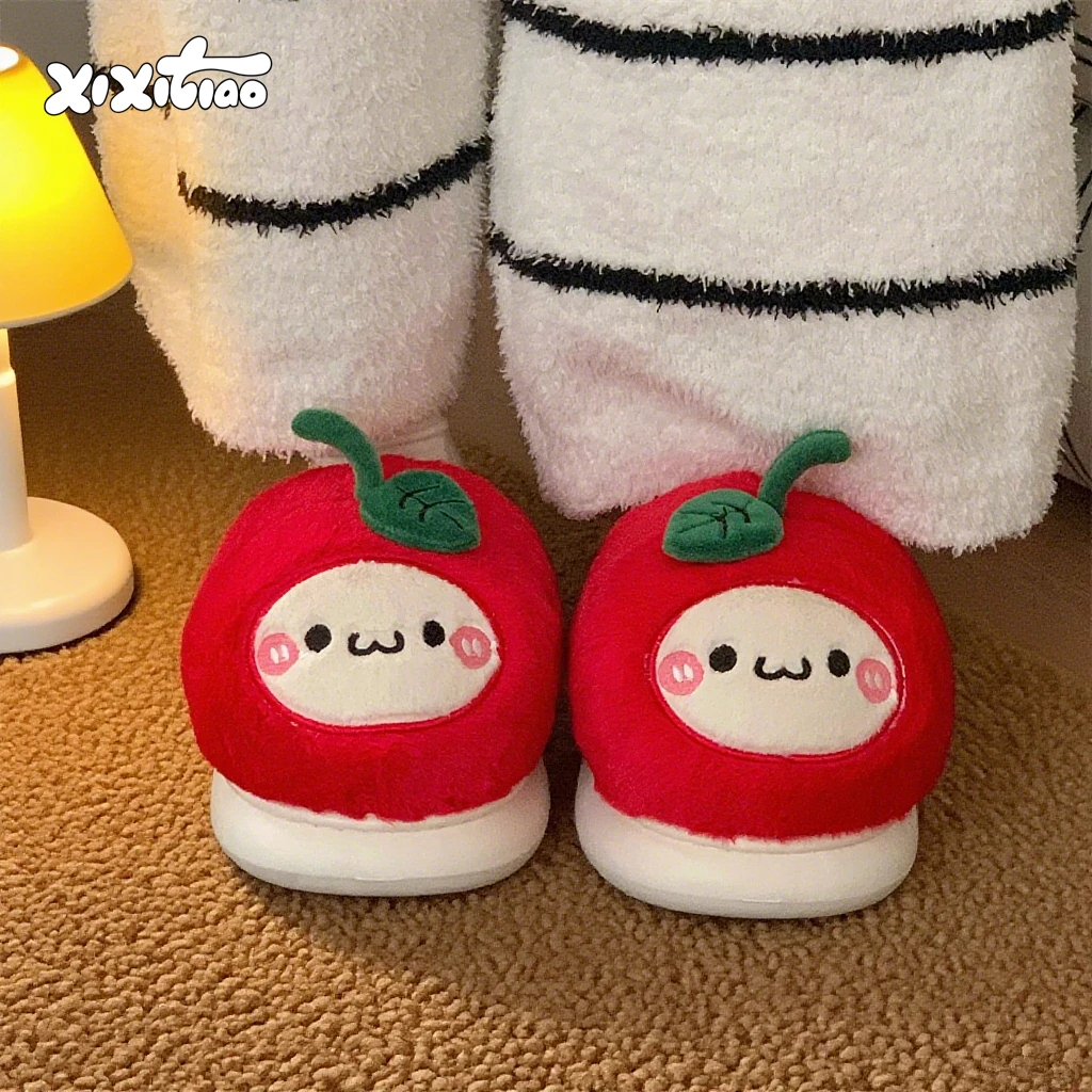 细细条 可爱红苹果小猫棉拖鞋女卧室居家防滑保暖冬季软萌毛毛鞋