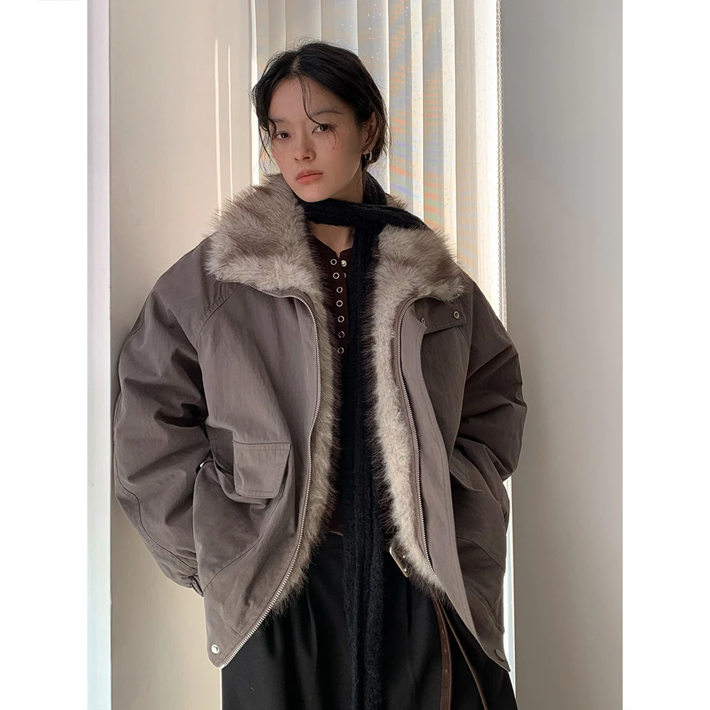 桃乐丝 冬季新款韩国防风派克仿水貂毛拉链夹棉翻领加厚棉衣外套