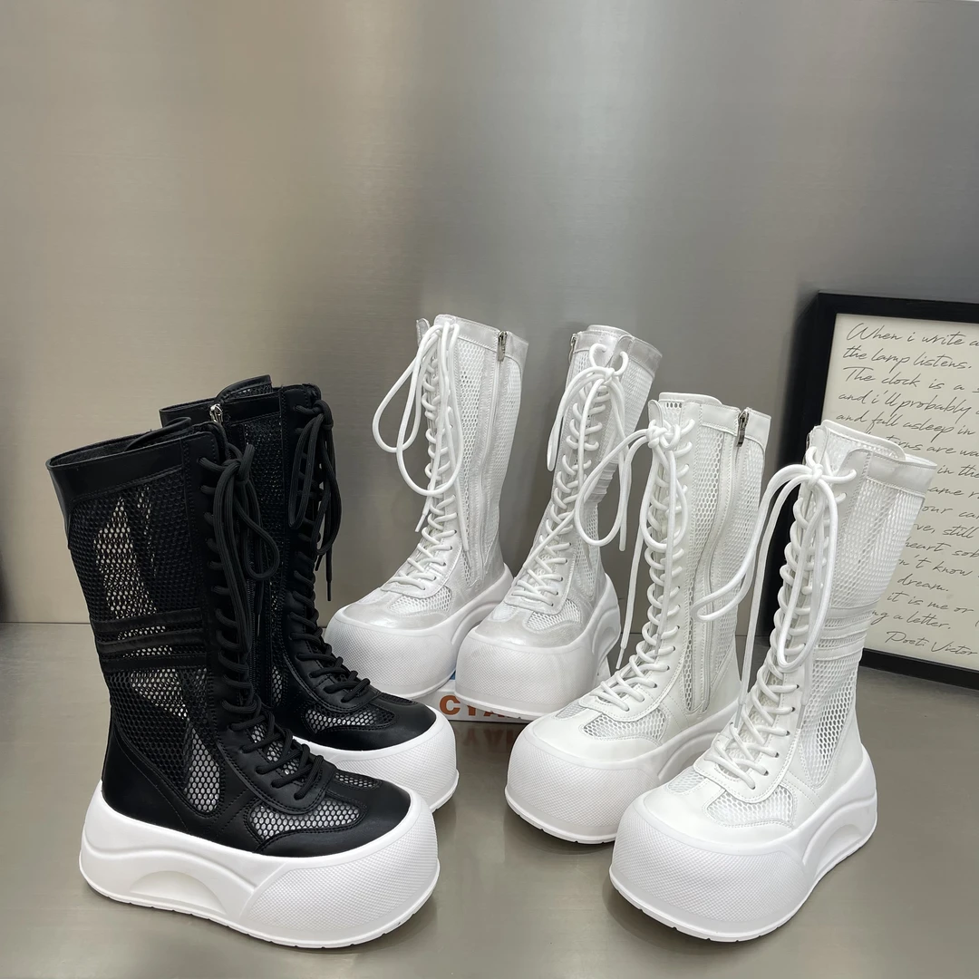 中跟松糕底防滑女朋克风圆头短靴靴子网面薄款白色网靴高筒