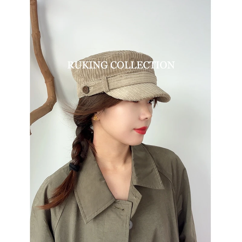 美翻了！韩国报童帽女秋冬牛角扣灯芯绒设计感骑士帽子