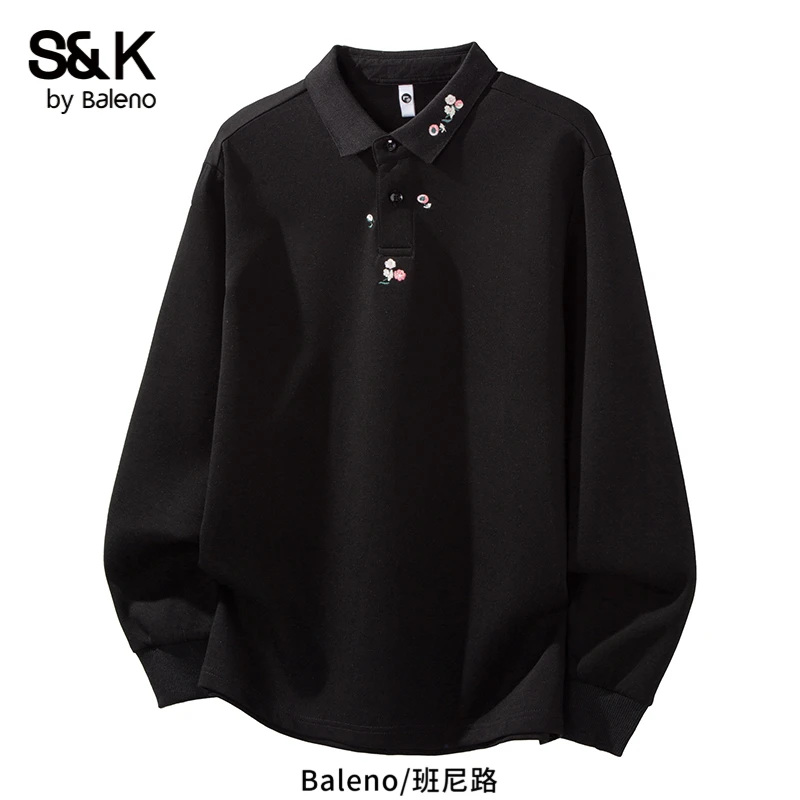 班尼路S&K中国风刺绣长袖POLO衫男士秋冬季新款宽松百搭休闲上衣
