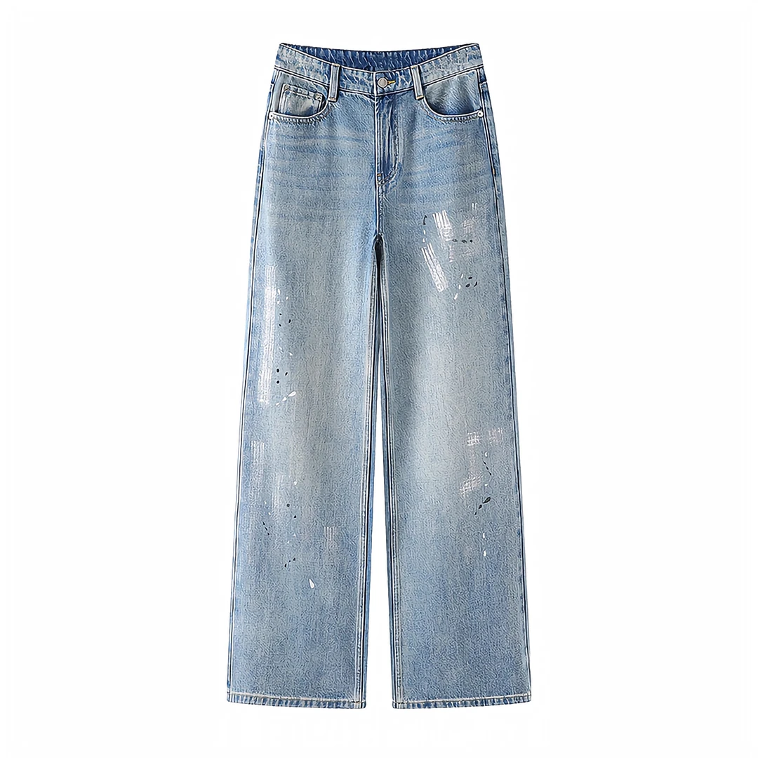 艾家柜柜同款2025春新款百搭亮片直筒阔腿牛仔裤女50223238