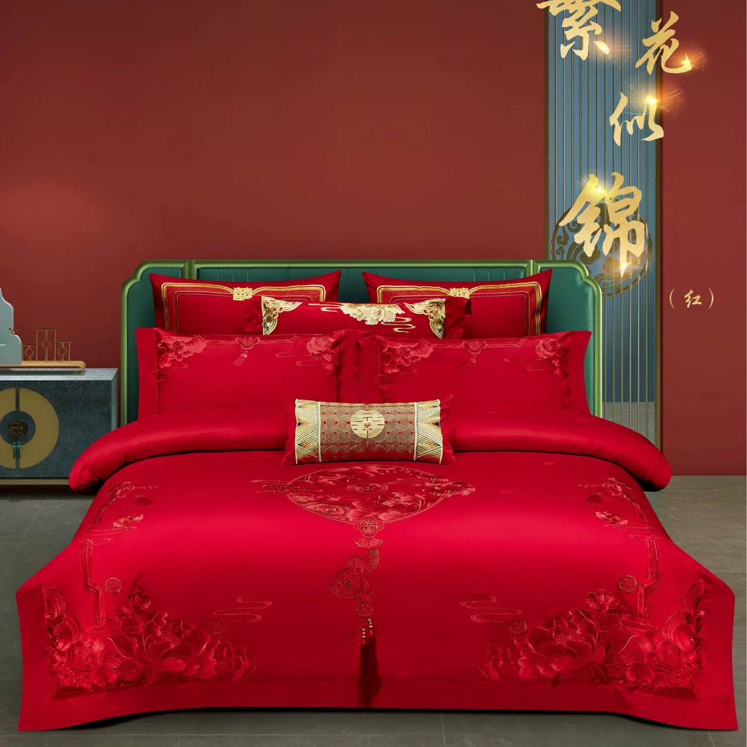 繁花似锦 高端全棉匹马棉婚庆四件套重磅刺绣