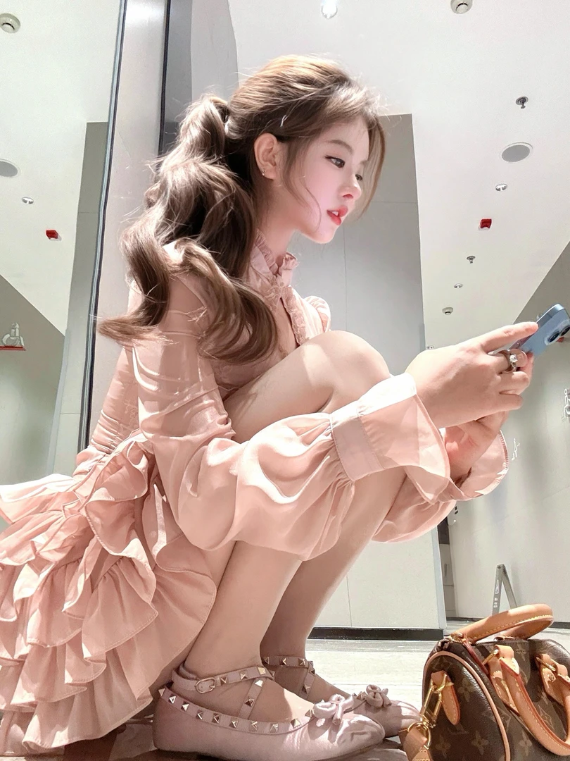 莉莉丝小姐 法式甜美温柔雪纺薄纱连衣裙收腰显瘦蓬蓬裙蛋糕短裙