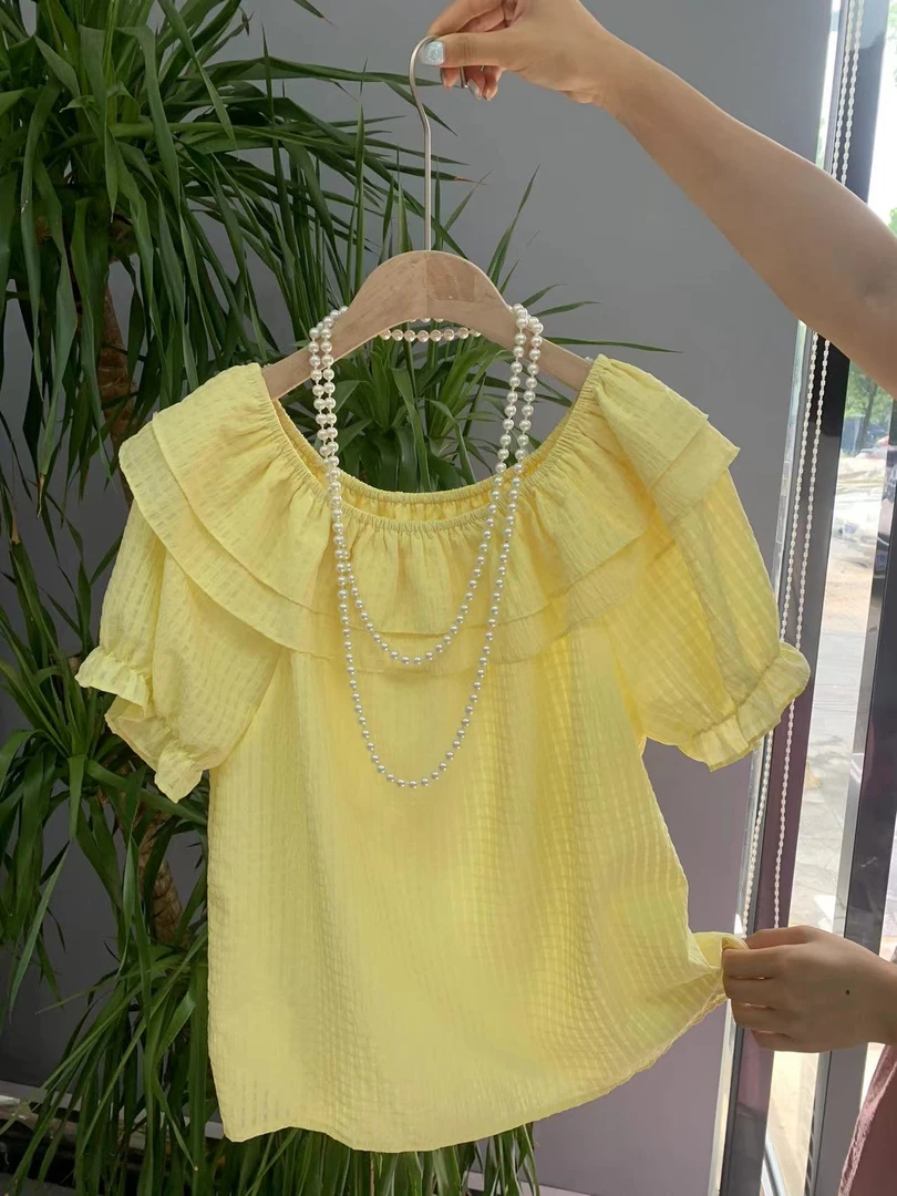 单单 2025新款黄色双层荷叶边甜美减龄上衣小衫