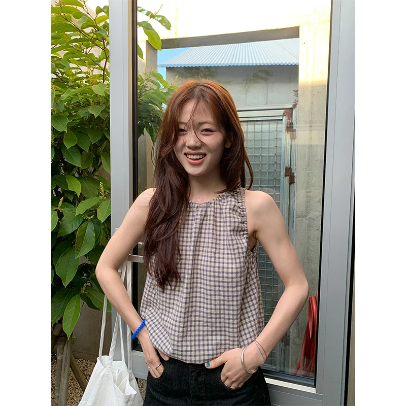 【香香的梨】韩版气质无袖棉麻格子衬衫XL1175