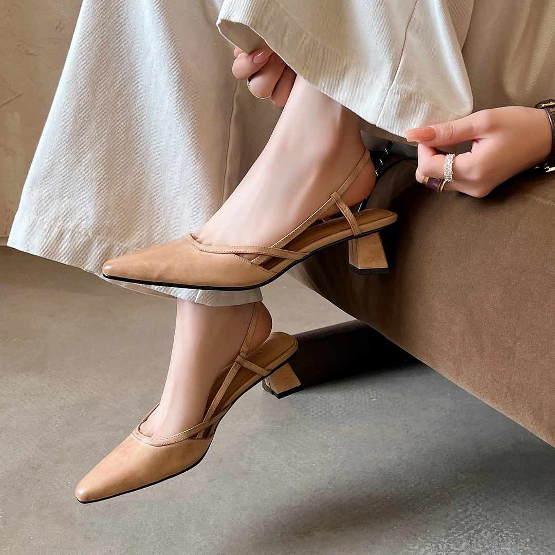 【牛皮】跟4.5cm真皮复古百搭粗跟包头凉鞋夏季外穿高级感