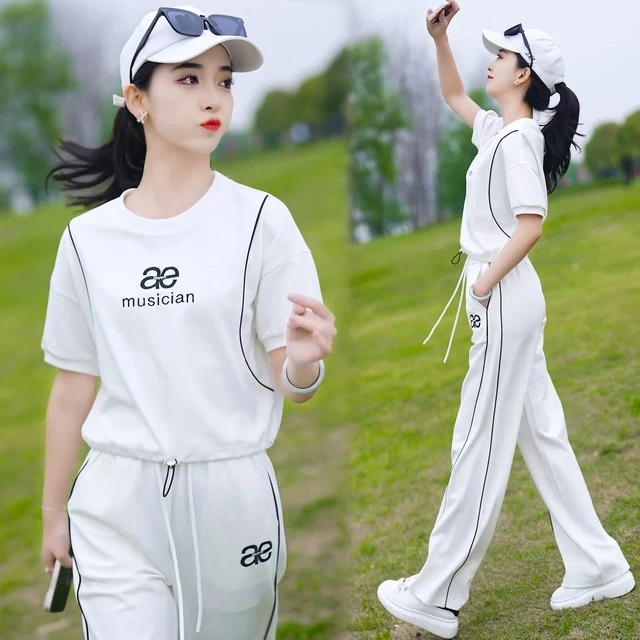 时尚休闲运动套装女2023夏季新款时髦洋气短袖上衣阔腿裤两件套潮