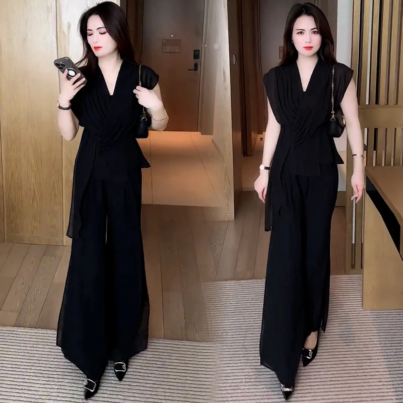 时尚套装女夏季新款洋气显瘦不规则V领短袖上衣阔腿裤两件套