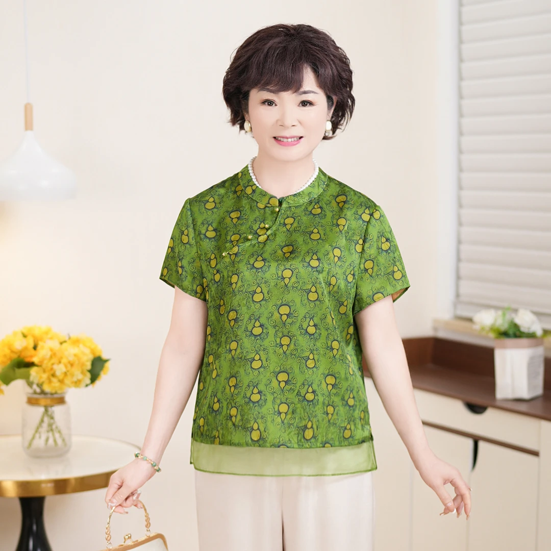 MUYUEZI/中年妈妈夏新款洋气中老年时尚大码显瘦短袖印花上衣套装