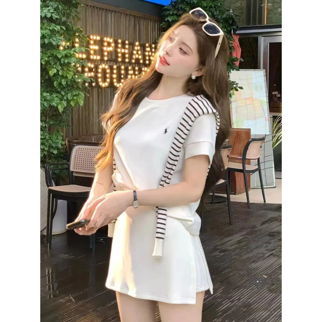 韩系时尚小马刺绣短袖上衣显瘦短裙披肩套装女夏季新款纯棉三件套