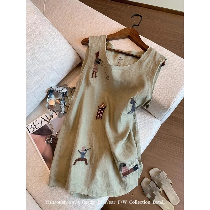 老钱风卡通刺绣微胖苎麻无袖上衣女夏新款设计感复古宽松休闲背心