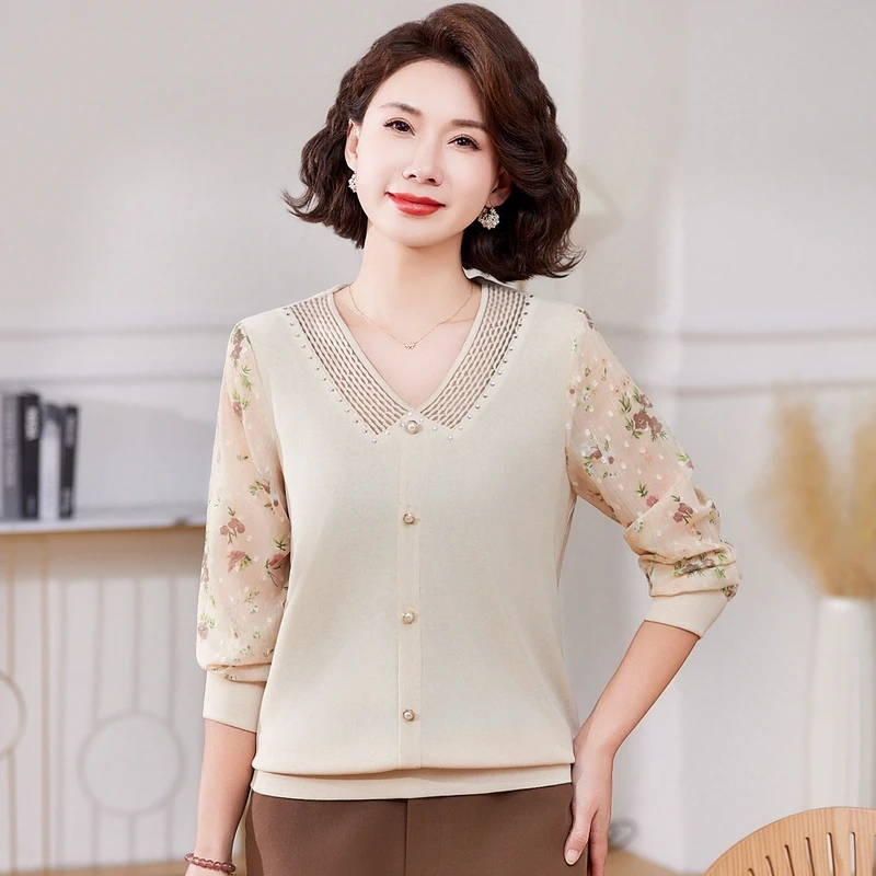 洋气妈妈春装长袖针织衫薄款中年纱袖新款上衣中老年女春秋打底衫