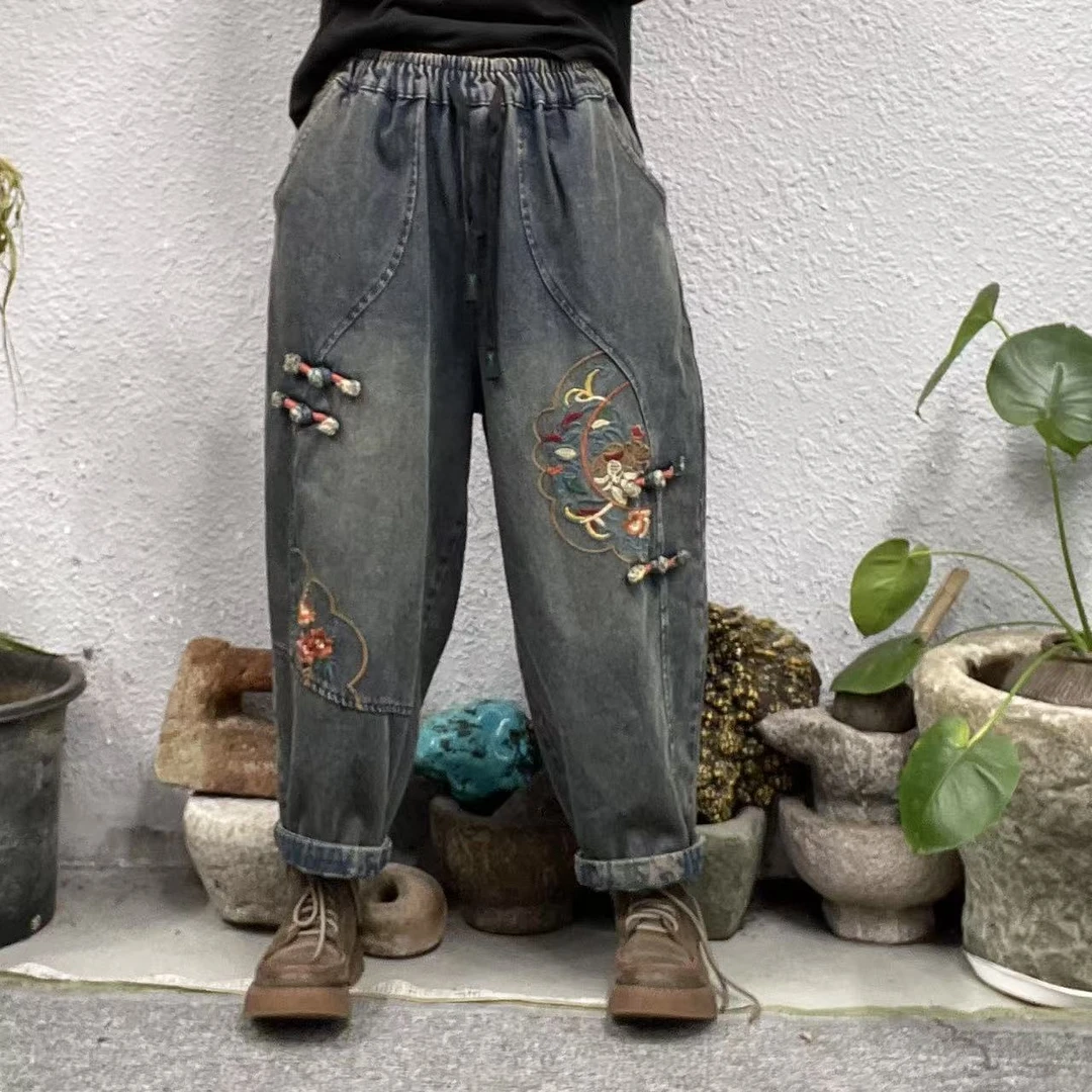 9920春两腿两红绕线盘扣绣花炒色牛仔裤（长86臀围116脚口44