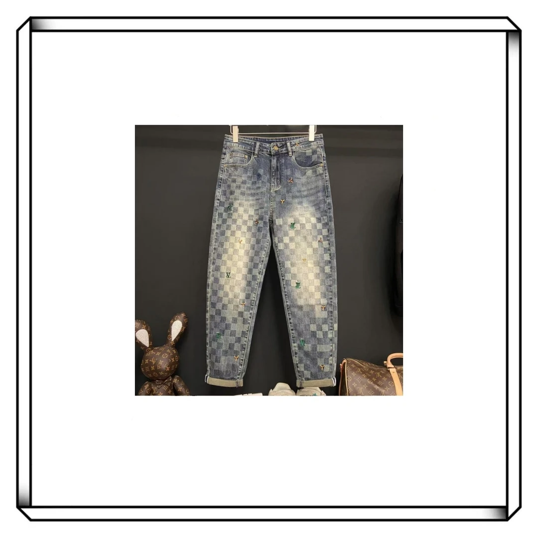 【洋洋25SSL007】25年设计师新款棋盘格水洗直筒小脚牛仔裤男女同款