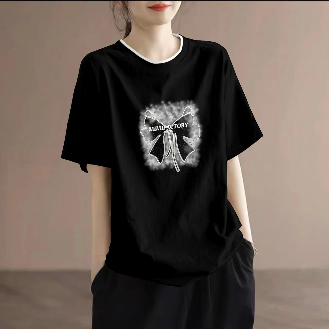 黑色短袖t恤女2025夏季新款大码胖mm设计感小众气质减龄纯棉上衣