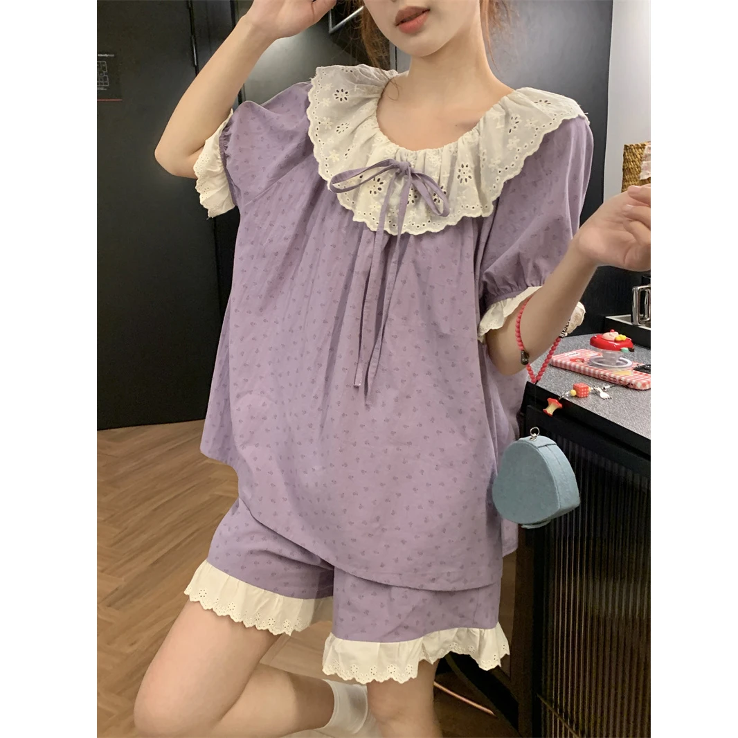 夏季公主风甜美宽松纯棉圆领薄款睡衣女100%全棉套装可外穿家居服