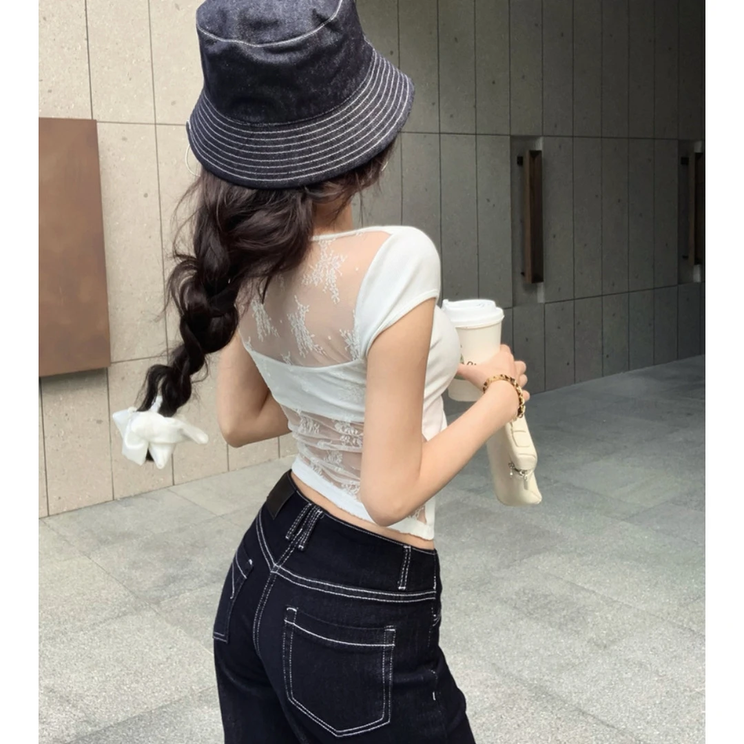 夏季新款纯欲风辣妹短款短袖t恤女修身显瘦百搭设计感上衣女蕾丝