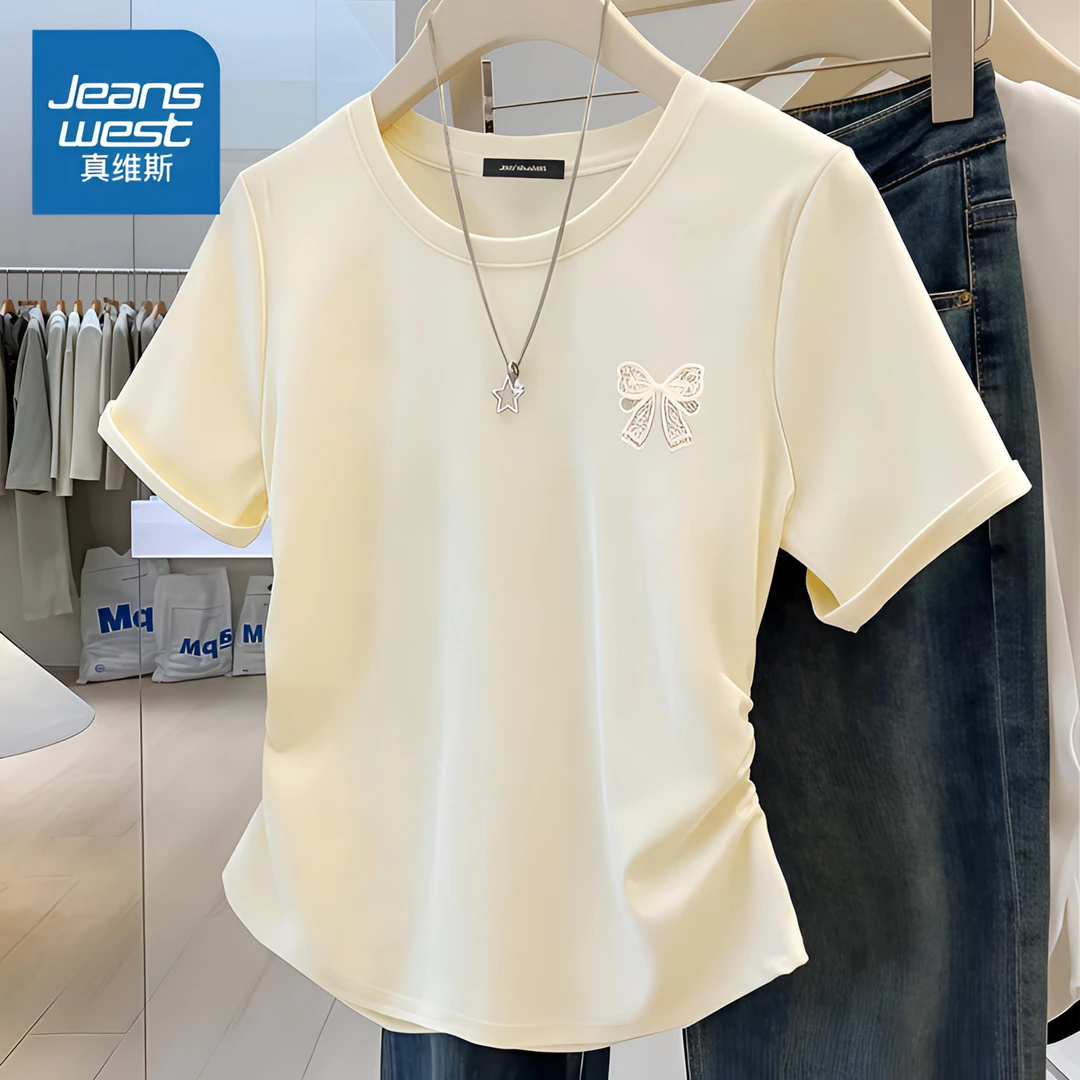 真维斯奶杏色蝴蝶结正肩短袖t恤女2025夏季新款收腰显瘦短袖