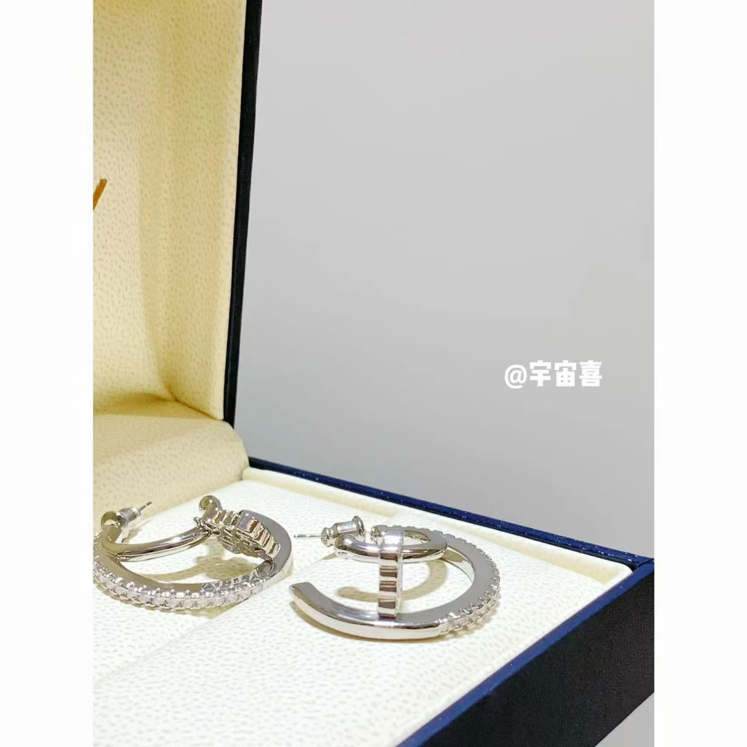 铜合金锆石耳饰 C4-128【c字月饼双层白锆耳圈耳钉】