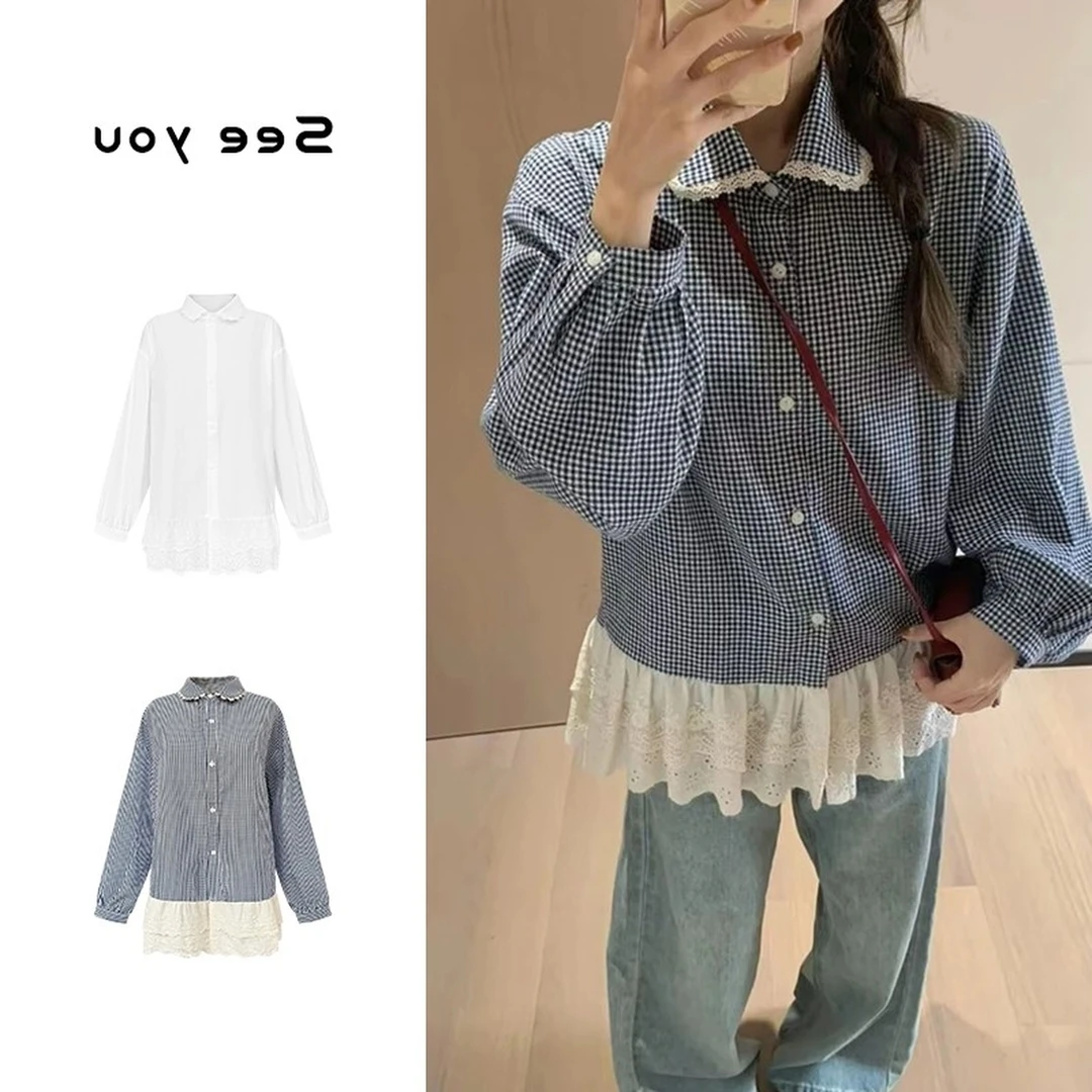 2025新款拼接格纹翻领衬衫韩系甜美花边拼接娃娃领纽扣叠穿百搭女