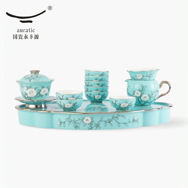 永丰源夫人瓷手绘蓝15头潮式功夫茶具套装盖碗茶漏茶盘 礼盒包装