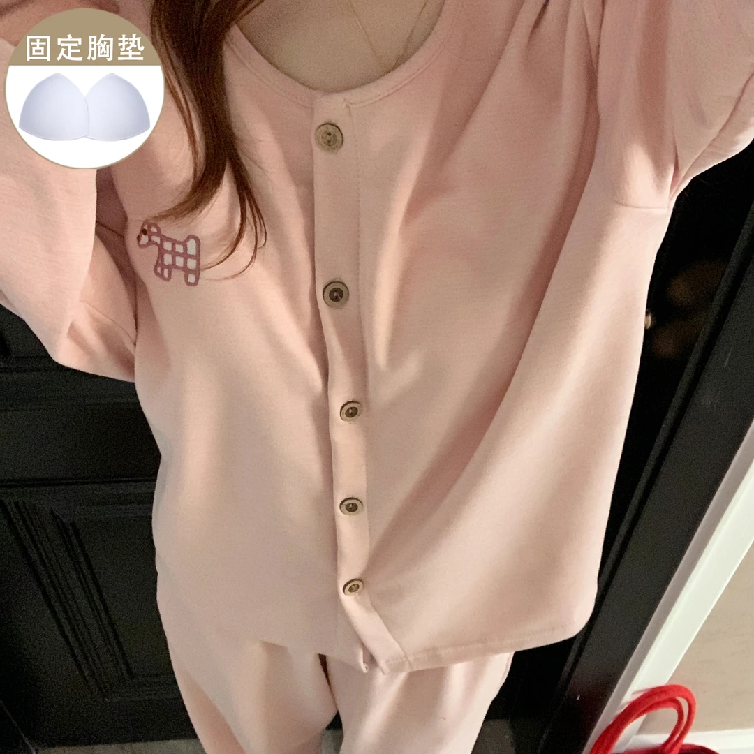 羊绒睡衣女新款秋冬季粉色开衫保暖加厚带胸垫宽松学生家居服套装