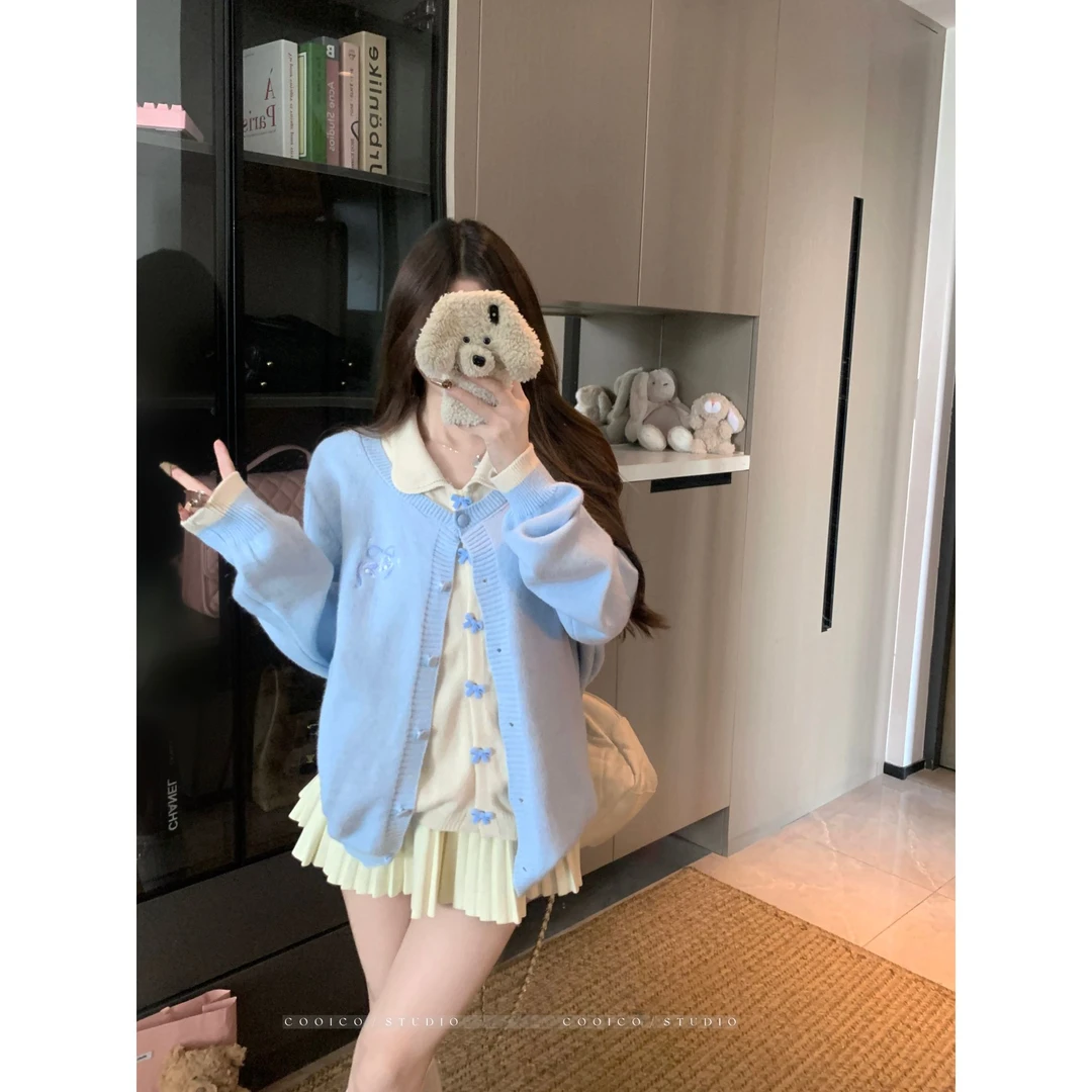 大码女装胖mm秋冬季新款设计感假两件刺绣毛衣翻领宽松显瘦上衣