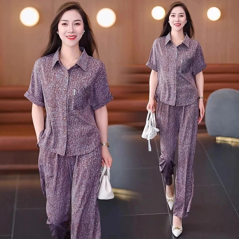 时尚套装女2025夏季新款洋气碎花显瘦遮肚子短袖衬衫阔腿裤两件套