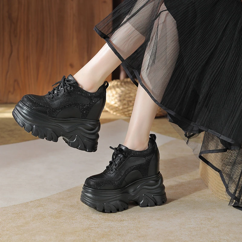 牛皮！14cm新款英伦风水钻厚底内增高单鞋女小个子百搭坡跟休闲鞋