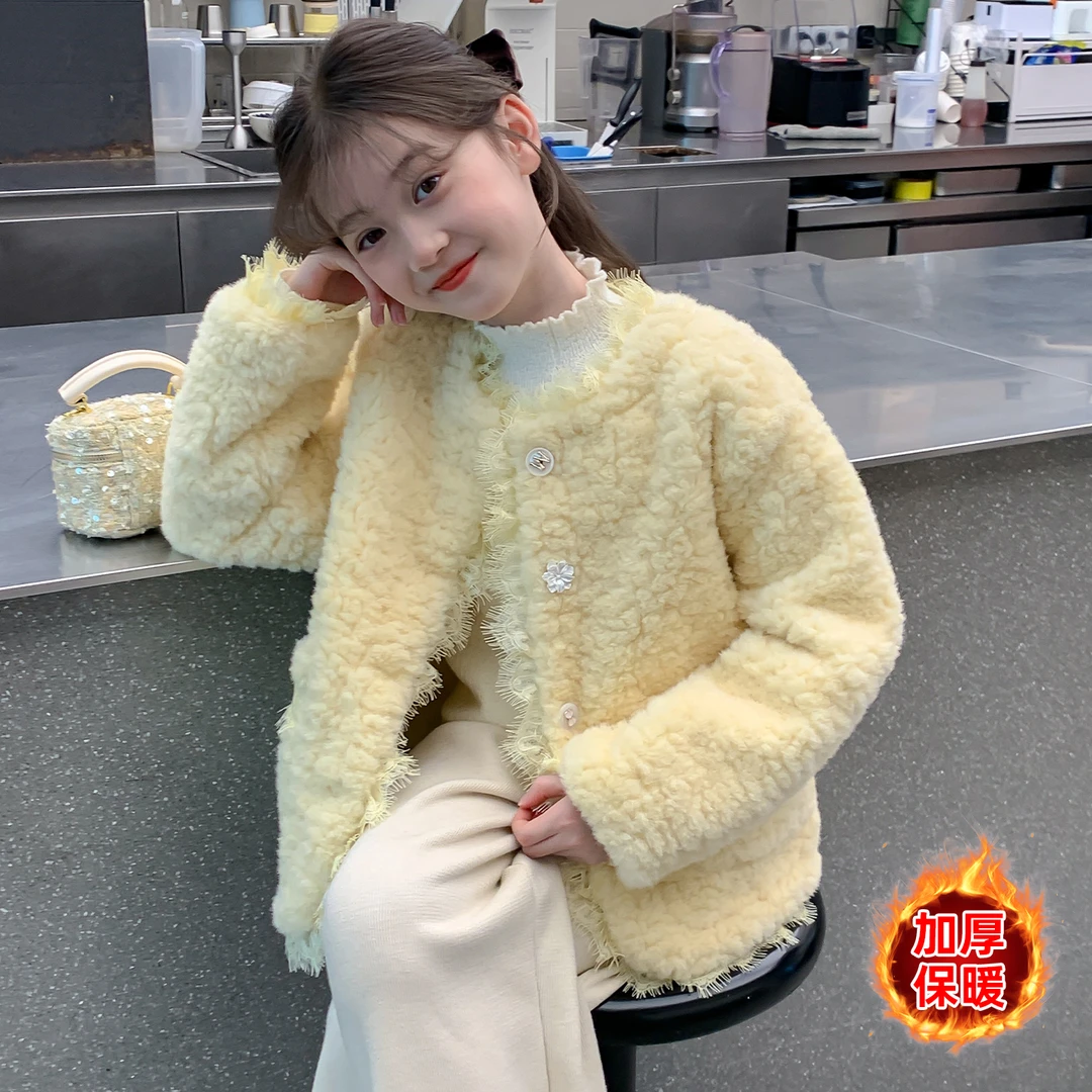 女童加绒外套2025秋冬新款女孩冬季毛毛衣女孩小香风冬装儿童衣服