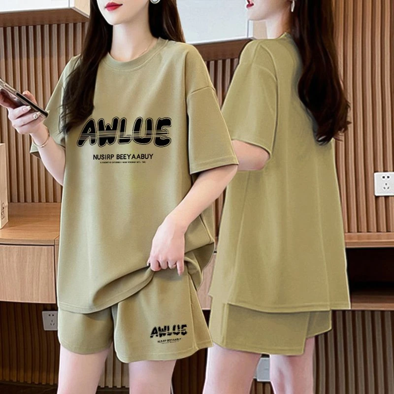 休闲百搭韩版纯棉运动套装女夏季2025新款网红大码短袖短裤两件套