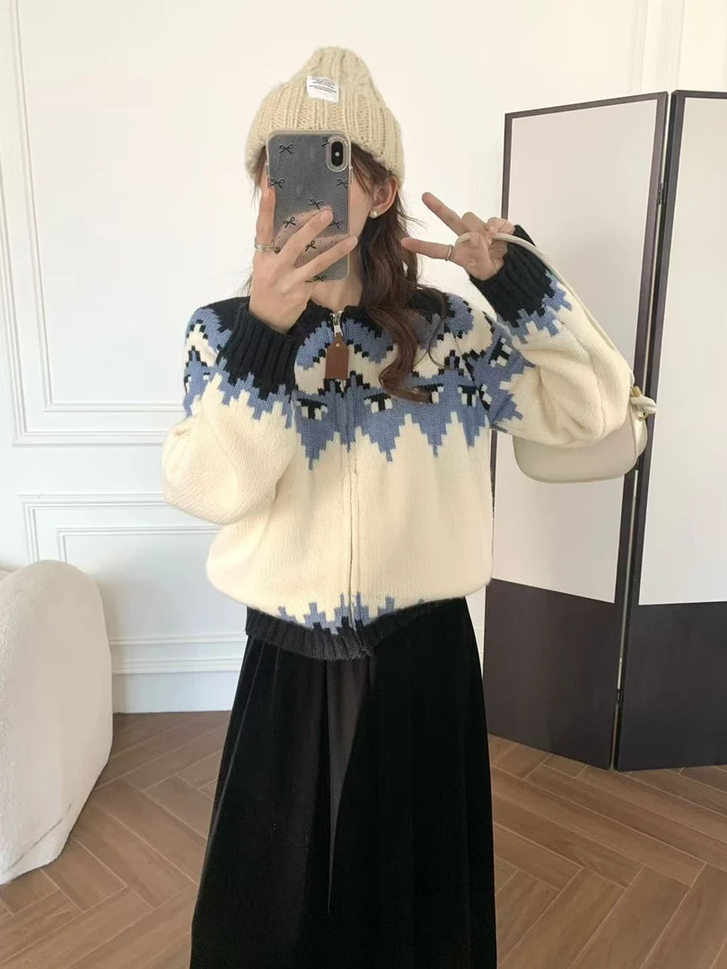1清仓 像素风蓝色费尔岛小皮扣拉链套头针织衫毛衣女ins
