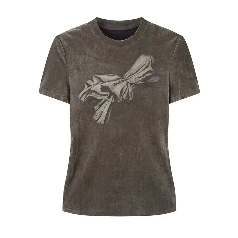 艾诺丝2025年夏季新款时尚修身丝绒短袖T恤上衣女AR613015