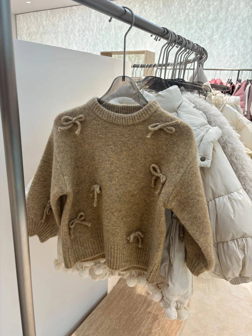 【恩姐定制】冬季童装加厚女童儿童毛衣蝴蝶绳驼色毛衣EN24918