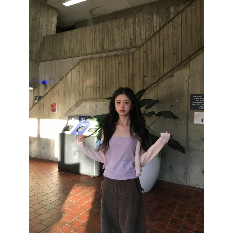 甜美套装紫色长袖针织开衫内搭方领吊带背心高腰宽松休闲长裤套装